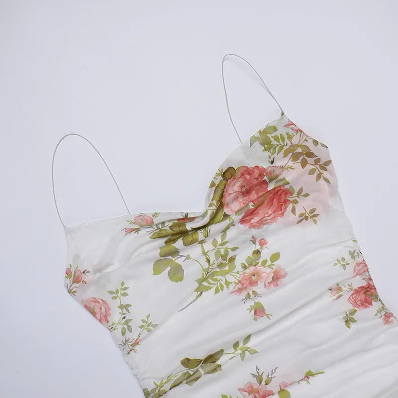 LIZAKOSHT  - Women Vintage Floral Print Slip Dress Ruched Mesh Sling Dress Woman Summer Slim Fit Bodycon Short Dress Club Bar Outfit 2024