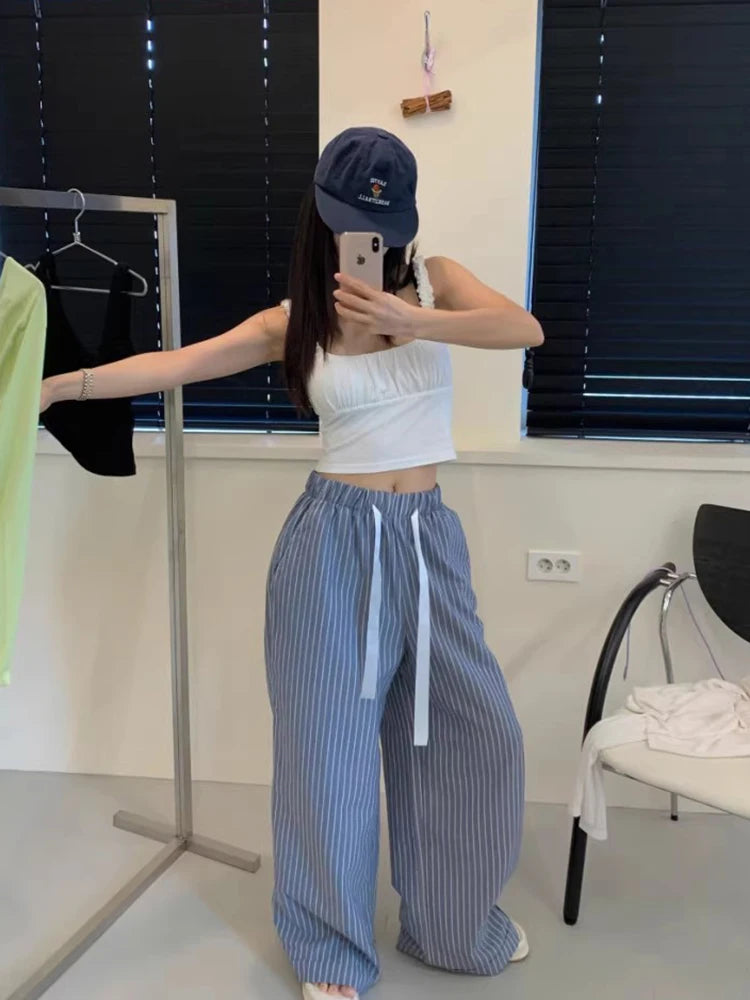 LIZAKOSHT  -  Casual Drawstring High Waist Color-blocking Striped Pants for Women Summer New Retro Loose Straight Long Wide Leg Pants