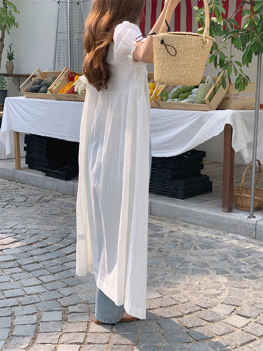 LIZAKOSHT  -  White Summer Slim Long Dress Sweet Women Chic Short Puff Sleeve Streetwear Mujer OL All Match Elegant Daily