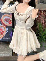 LIZAKOSHT  -  Sweet Apricot Short Dresses for Women Flare Sleeves Square Collar Ruffles A-line High Waist Korean Fashion Mini Vestidos Mujer