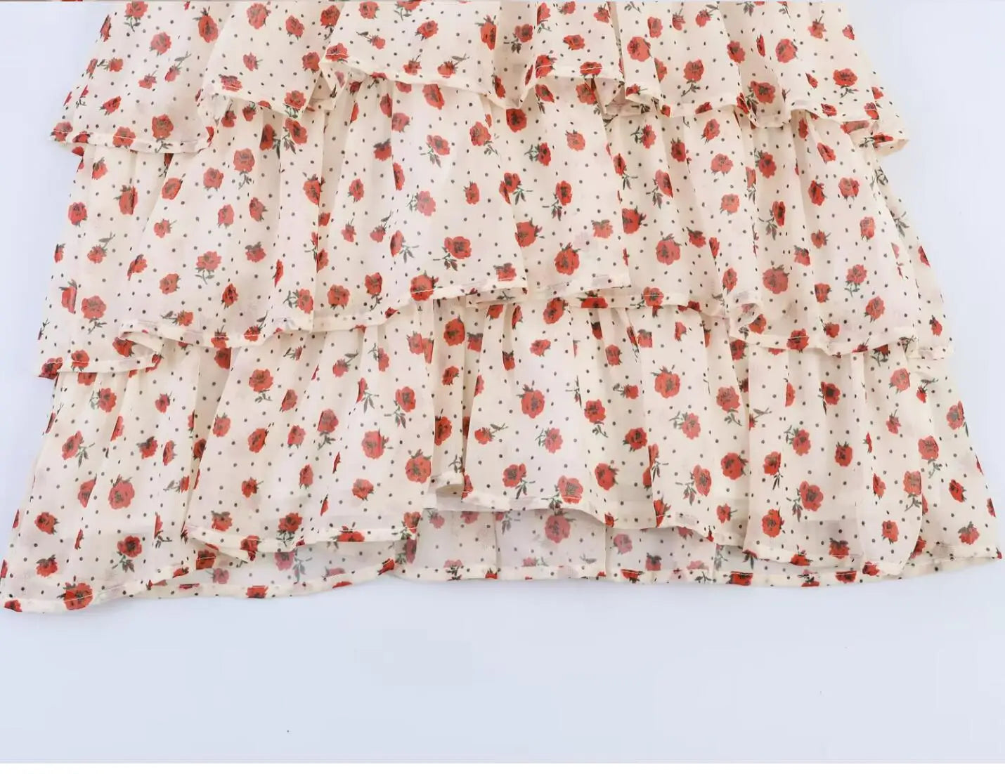 LIZAKOSHT  -  Sweet Beige Floral Print Cross Deep V neck Mini Sleeveless Dress Women Slim Waist Tierred Ruffles Cake Dresses A-lined Robe