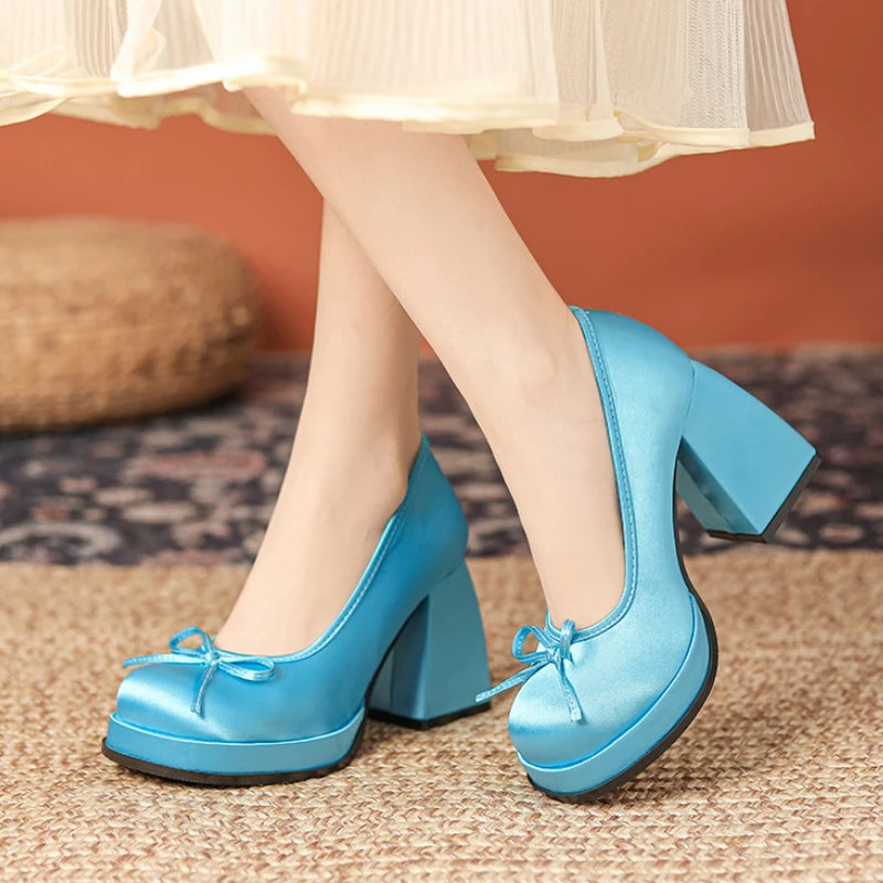 LIZAKOSHT  -  Satin Brand Designer Mary Jane Shoes Women Square Heel Ballet Shoes Shallow Bow Fashion Dress Elegant Platform High Heels Women