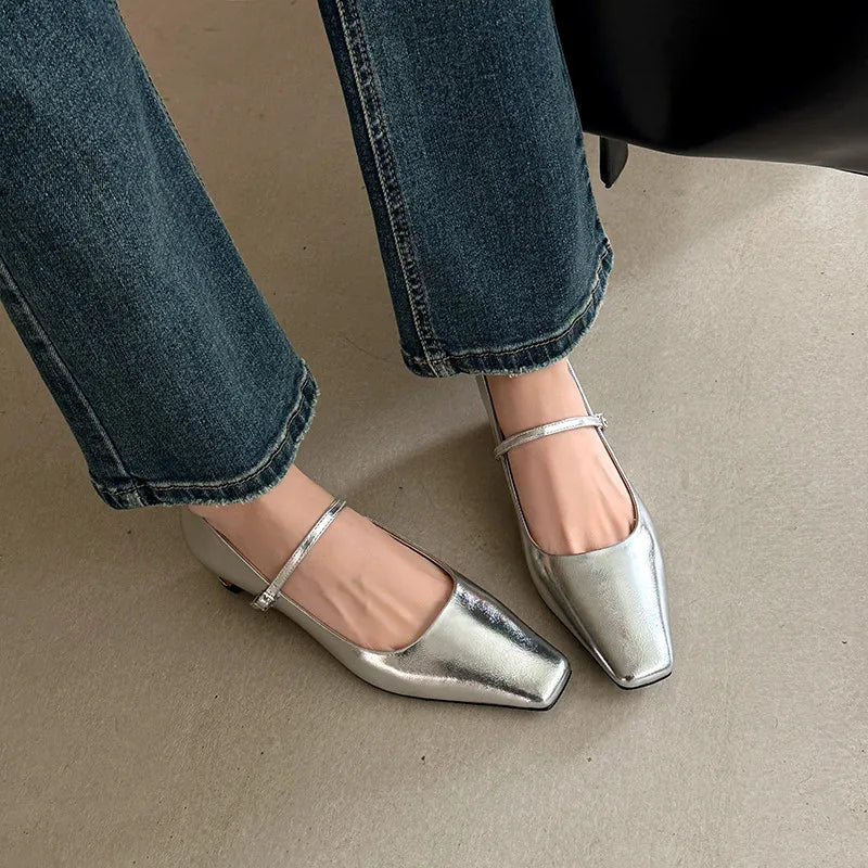 LIZAKOSHT  -  Fashion Pumps New High Quality Genuine Leather Leopard High Heels Square Head Shallow Mouth Mary Janes Women's Shoes