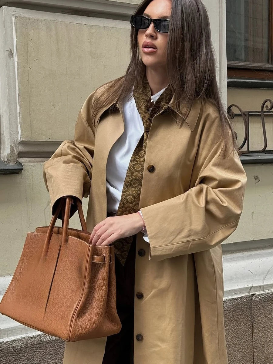 LIZAKOSHT  -  Elegant Cotton Trench Coats for Women 2025 Autumn Turn-down Collar Single Breasted Long Outerwears Ladies Windbreaker