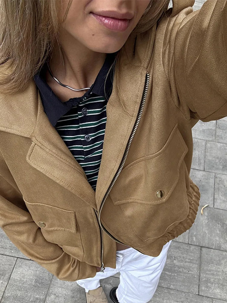 LIZAKOSHT  -  Casual Flip Collar Zipper Pocket Jacket Woman Solid Color Long Sleeves Loose Street Coats Chic Women's Warm Early Autumn Jackets