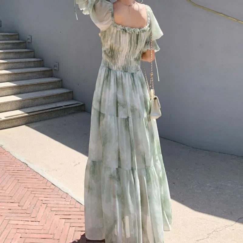 LIZAKOSHT  -  Green Woman Dresses Square Neck Elegant Spring Summer Vestidos Mujer Puff Sleeve Beach Style Retro Long Dress