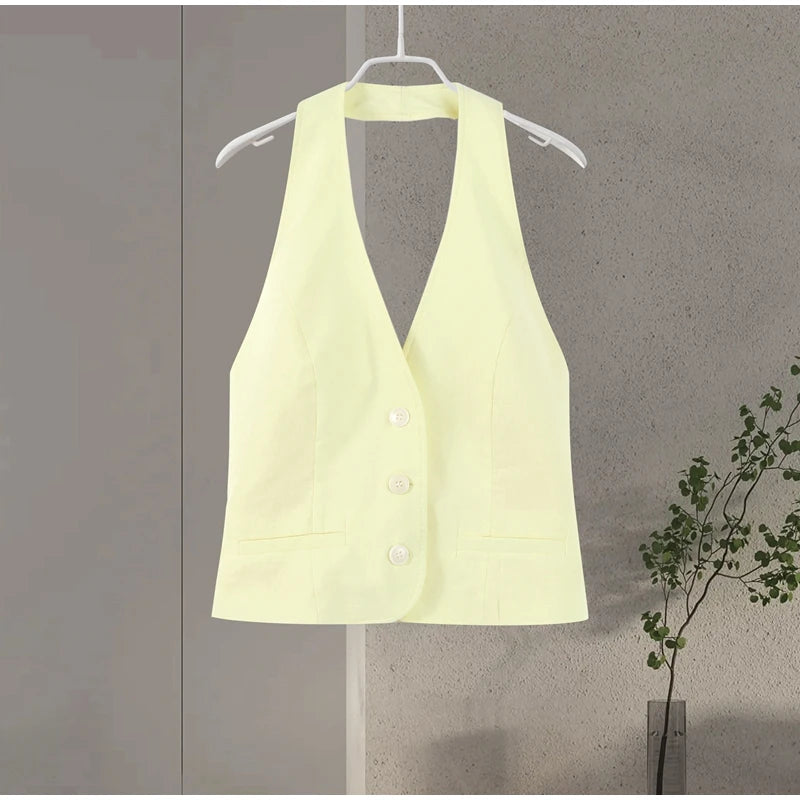 LIZAKOSHT  -  Fashion Halter Women's Two Piece Suit V-neck Sleeveless Single Breasted  Backless Top Short Pants 2025 Summer Lady Causal Outfit