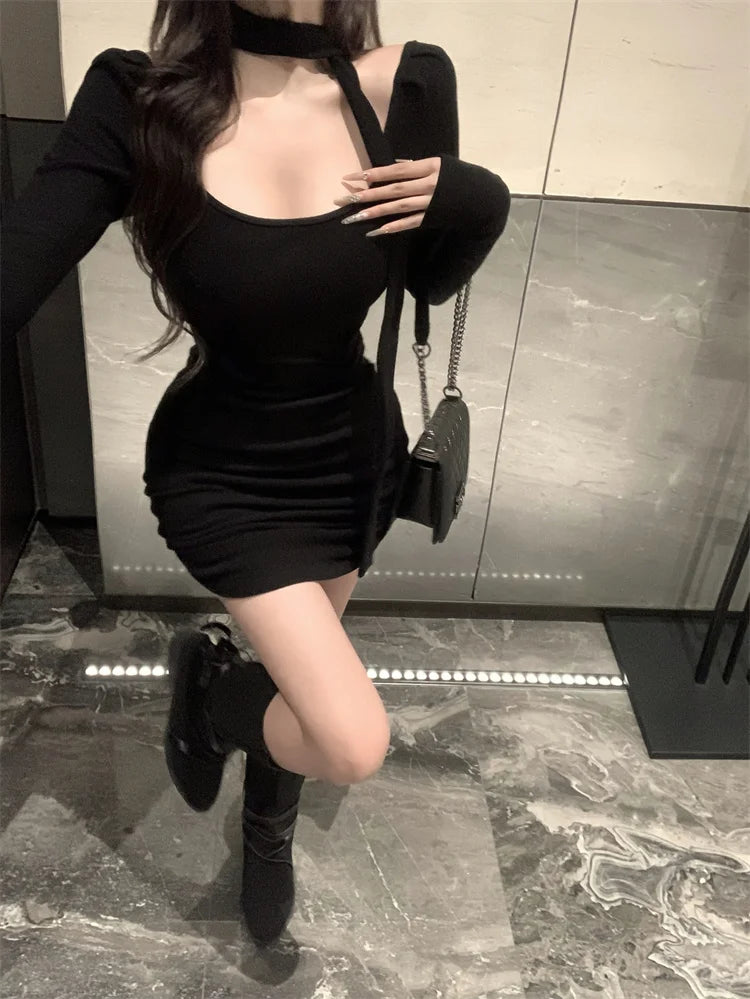 LIZAKOSHT -  Auturm Spring Korean Fashion Solid Color Short Knitted Dress for Women Sexy Cute Sweet Casual  Long Sleeve Dresses