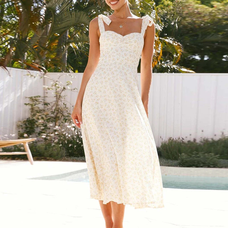 LIZAKOSHT  -  Fashion Floral Print High Waist Long Dress Casual Women Off Shoulder Pleated Beach Dress Sexy Sleeveless Holiday Suspender Dress