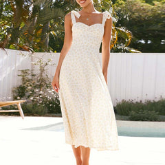 LIZAKOSHT  -  Fashion Floral Print High Waist Long Dress Casual Women Off Shoulder Pleated Beach Dress Sexy Sleeveless Holiday Suspender Dress