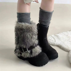 LIZAKOSHT  -  Chunky Heel Winter 2 ways to wear Leisure Cowboy Boots Women Vintage y2k Faux Fur Snow Boots Belt Buckle Black Ankle Boots Shoes