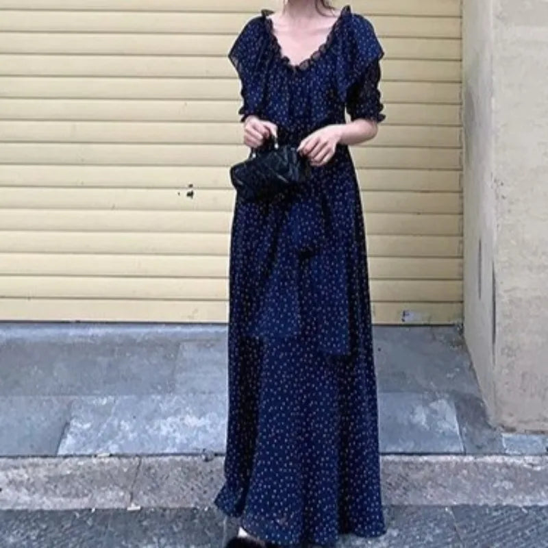 LIZAKOSHT  -  Women Dresses V Neck Polka Dot Ruffles Spring Summer Elegant Long Dress Korean Fashion Vintage Sweet Vestidos Mujer