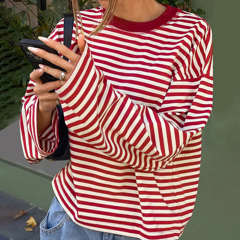 LIZAKOSHT  -  Casual Striped T-shirts for Women 2025 Autumn O-neck Long Sleeve Loose Tops Tees Female Contrast Color T Shirt Streetwear