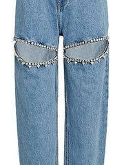 Lizakosht Fashion Trendy Hot Diamond Design Loose Blue Distressed  Relaxation of Tall Waist Wide Legged Pants Autumn/Winter Women's Jeans