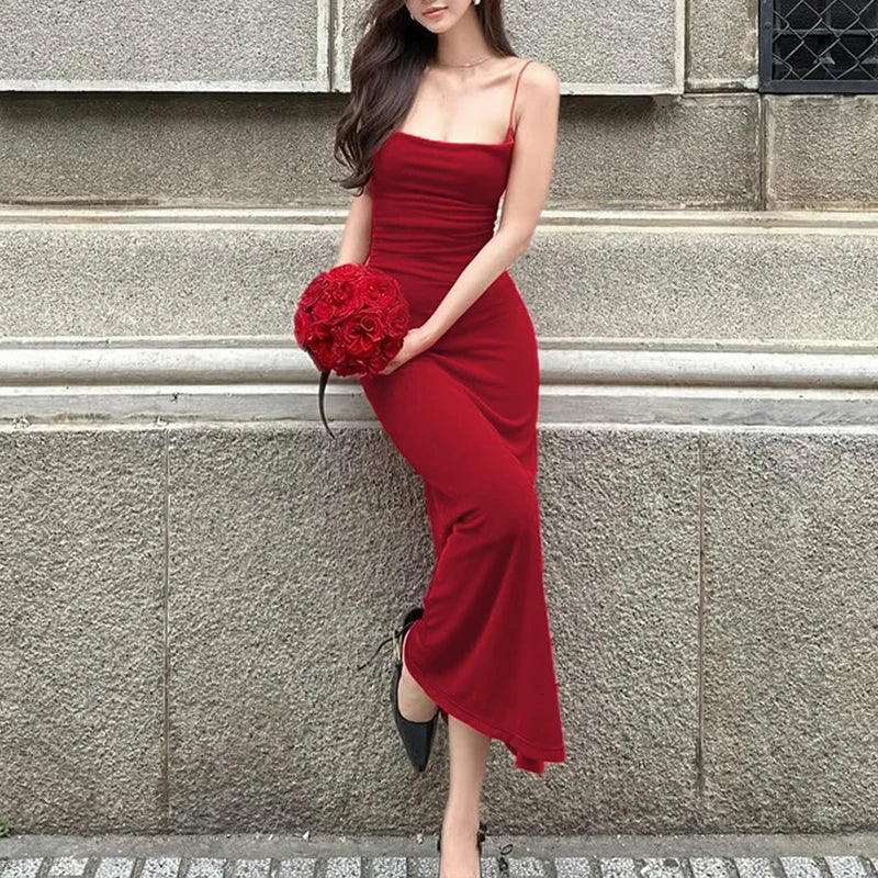 LIZAKOSHT  -  Base Style Casual Sexy Cross Sling Open Back Sleeveless Bodycon Solid Color Long Dress Dating Party Summer Outfit For Women