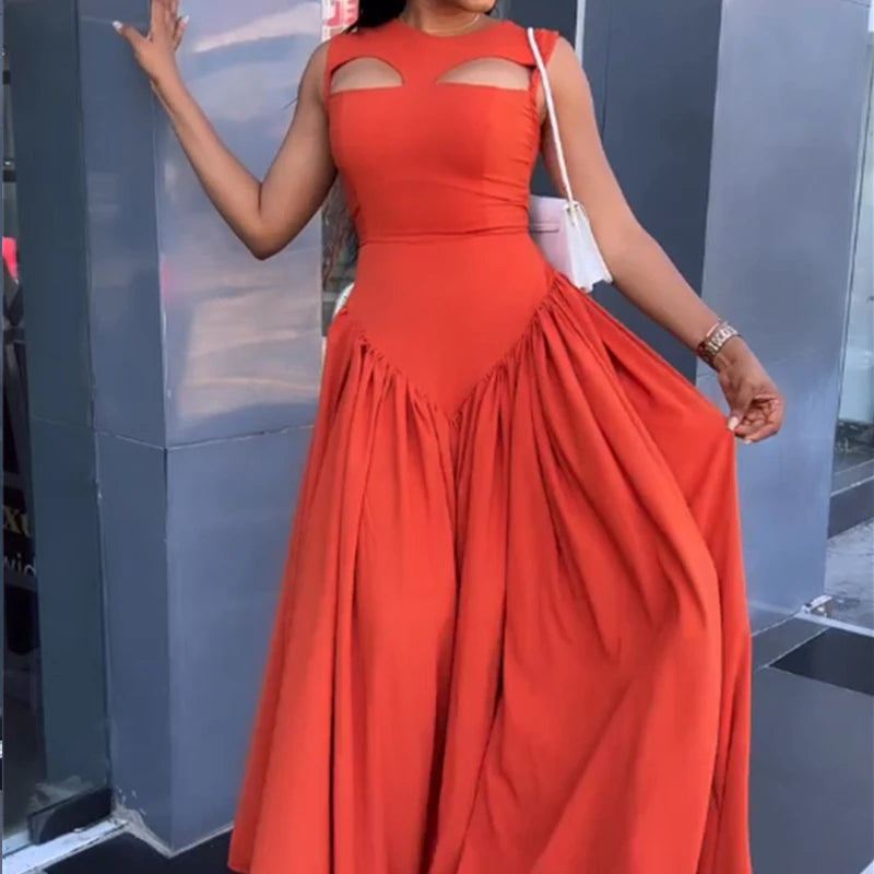 LIZAKOSHT  -  Women O Neck Summer Sleevelss Cut Out Low Waist Elegant Holiday Party Pleated A Line Sundress Chic Elastic Femme Maxi Robe