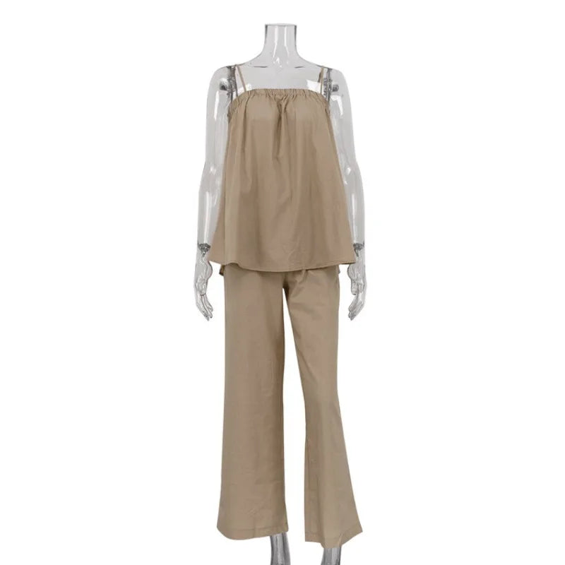 LIZAKOSHT  -  Casual Cotton Women Solid Color 2 Piece Set Outfit Spring Spaghetti Strap Loose Top and High Waist Straight Trousers Female Set