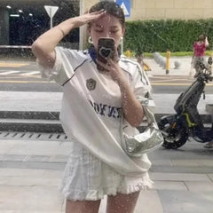 LIZAKOSHT  -  Women Hollowed Out Sportswear Striped Half Sleeved Loose T-shirt Casual Sports Retro Street Trend Summer Comfortable Breathable