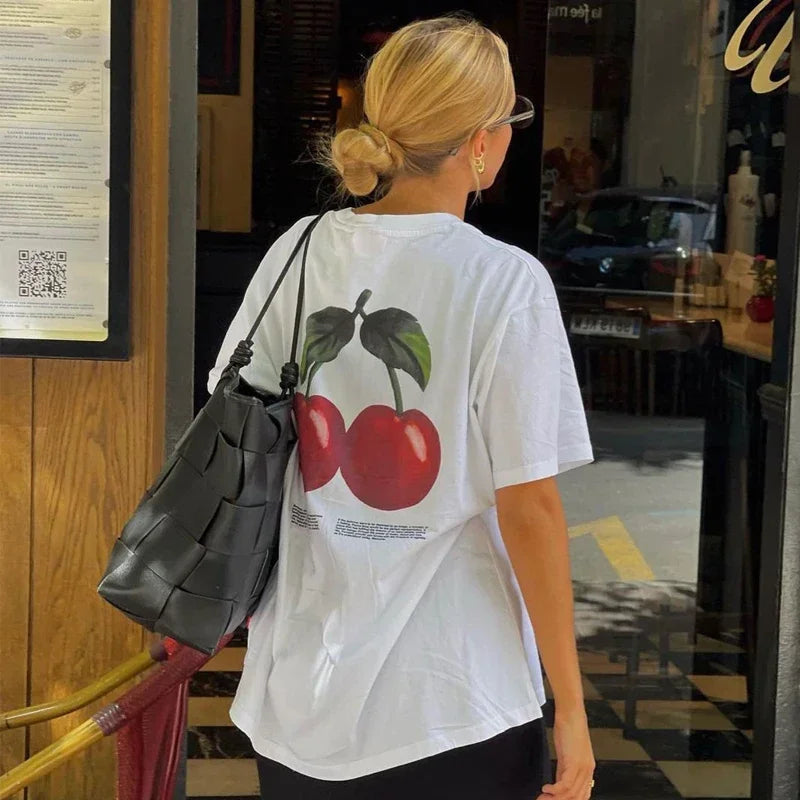 LIZAKOSHT  -  Cherry Fruit Back Print Graphic Tees Vintage Women Cotton Shirt Oversized Cute Retro Streetwear Clothes Grunge Y2k Aesthetic Top