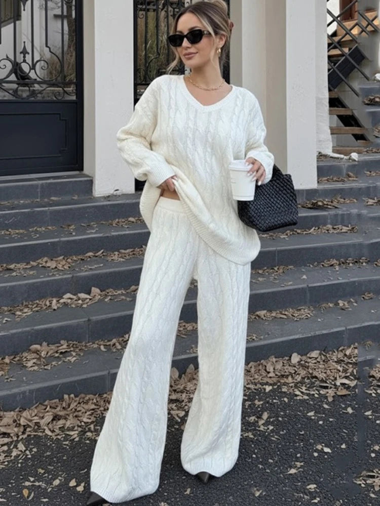 LIZAKOSHT  -  Casual Ribbed 2 Piece-Set Trousers Sets Women Solid Loose V-Neck Top And High Waist Wide-Leg Pants Sets New Female Outfits