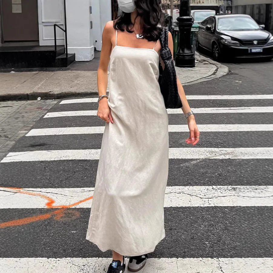 LIZAKOSHT  -  Spring and Summer Commuting Khaki Cotton and Linen Suspender Dress Women's Fashion Loose A-shaped Long Dress