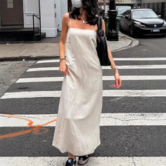 LIZAKOSHT  -  Spring and Summer Commuting Khaki Cotton and Linen Suspender Dress Women's Fashion Loose A-shaped Long Dress