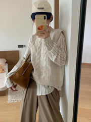 LIZAKOSHT  -  Milk Gentle Crewneck Sweater Vest Female Autumn and Winter New Korean Loose Soft Waxy Waxy Fold Wear Sweater Vest Top