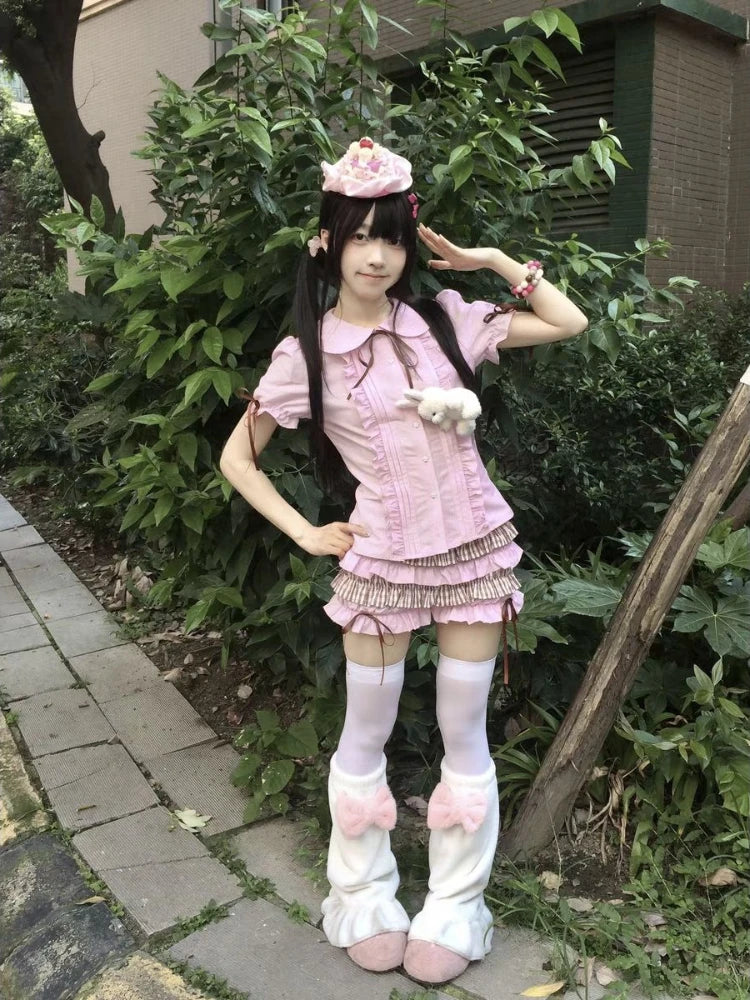 LIZAKOSHT  -  Summer New Kawaii Sweet Print Lolita Short Sleeve Doll Collar Shirt Fashion Japanese Cute Slim Pink Bow T-Shirts Women