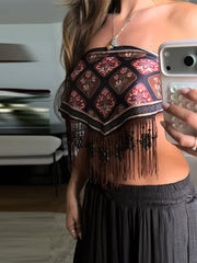 LIZAKOSHT  -  Women Floral Print Strapless Tube Top Long Tassel Asymmetric Triangle Hanky Hem Boho Western Cowgirl Festival Crop Bustier