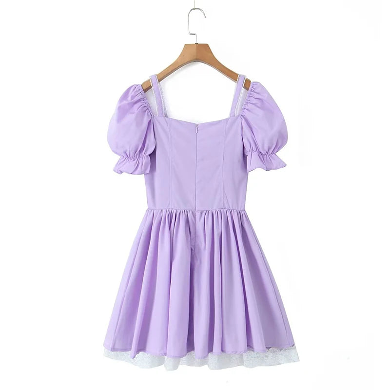 LIZAKOSHT  -  Summer Sweet Princess Mini Dress Women Puff Sleeve Spliced Lace Slim Waist Ruffle Hem Cake Party Robe Fairy Vestidos