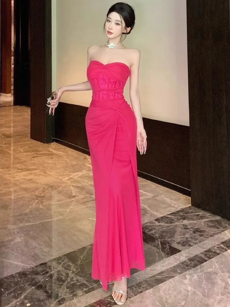 LIZAKOSHT  -  Dresses Women Sexy Lace Patchwork Strapless Slim Ruched Backless Temperament Cocktail Dress Party Female Fashion