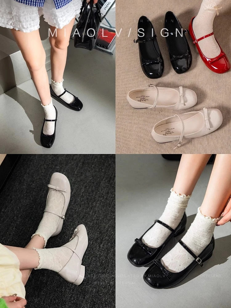 LIZAKOSHT  -  Spring Wine Red Women Mary Jane Shoes Shallow Ladies Casual Butterfly-knot Ballet Flat Shoes Eelgant Dress Leather Shoes