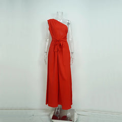 LIZAKOSHT  -  Elegant Diagonal Collar One-shoulder Solid Color High Waist Strappy Sleeveless Pocket Jumpsuit Wide Leg Pants Clubwear