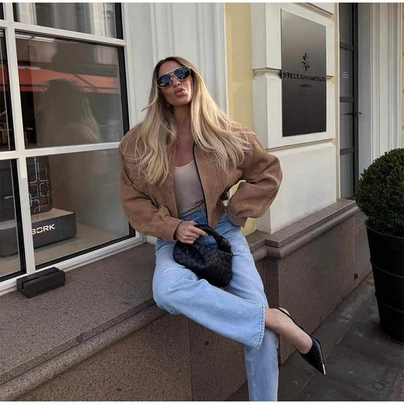 LIZAKOSHT  -  Elegant Camel Cropped Suede Jacket Women Lapel Full Sleeve Pocket Zipper Short Coat New Causal Autumn Lady Daily Streetwear 2025