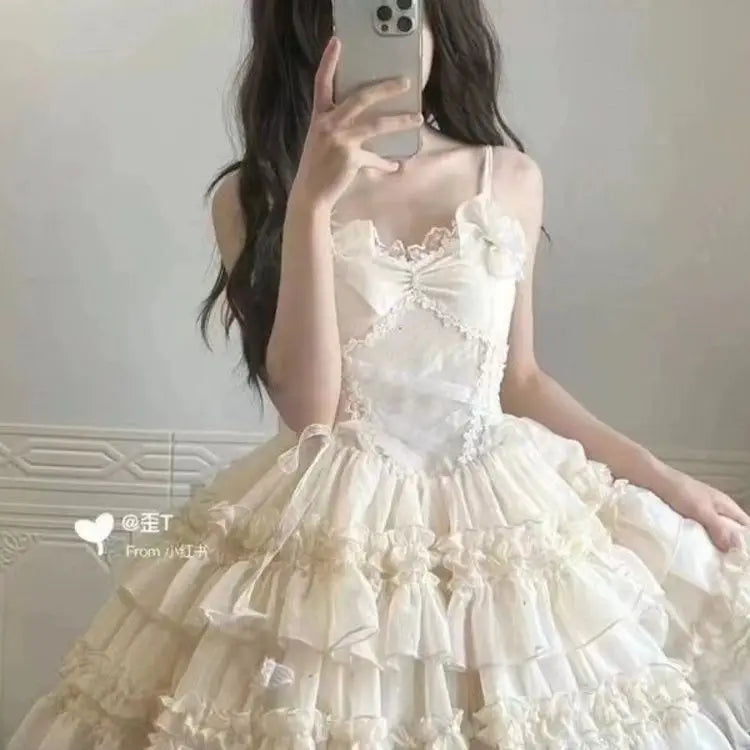 LIZAKOSHT  -  Japan Lolita Niche Sweet Pure Desire Wind Original Design Dress Solid Color Patchwork Lace Princess Sling Jk Sleeveless Slip