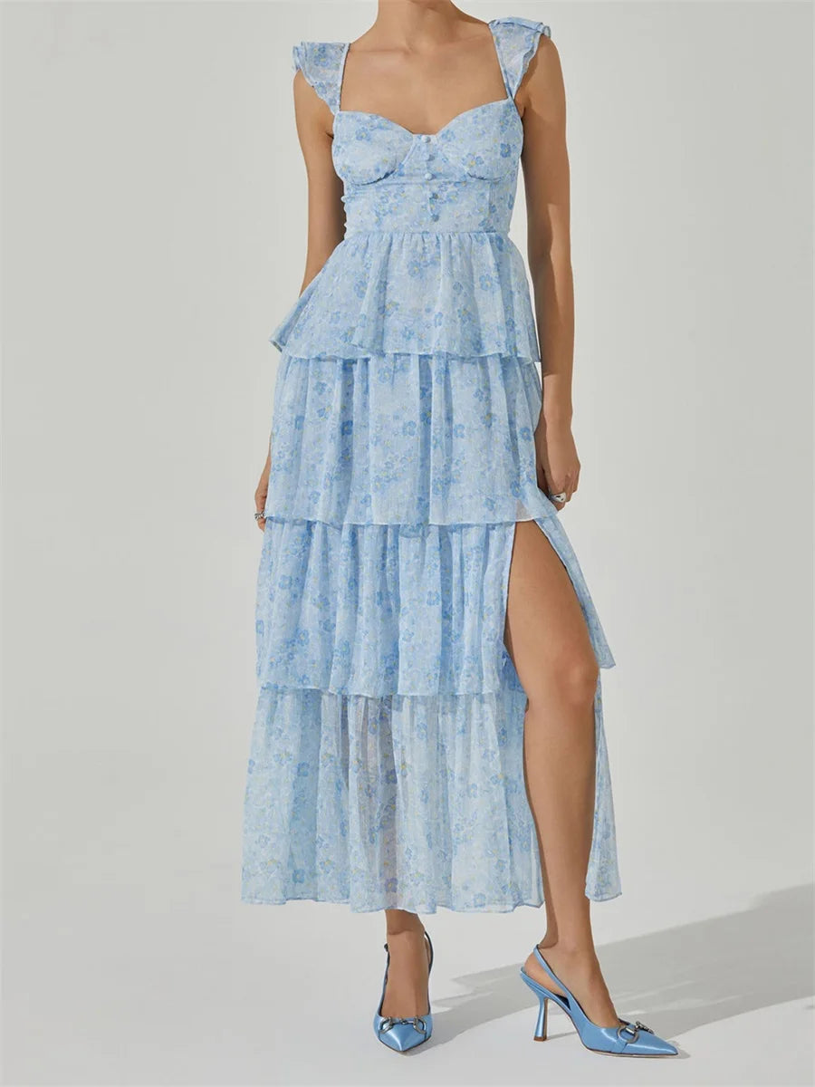 LIZAKOSHT  -  Women's Floral Dress Stylish Multi-Layered Ruffles Split Cap Sleeve Long A-Line Dress Summer