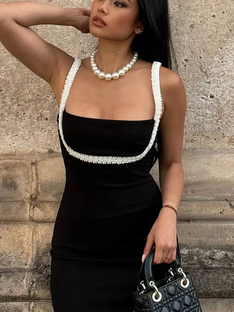 LIZAKOSHT  -  Fashion Pearl Patchwork Sling Dresses Women Elegant Solid Square Neck Sleeveless Slim Dress 2024 Lady Fashion Party Gown Robes