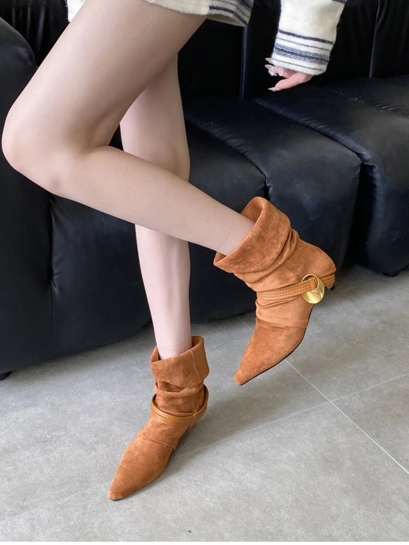 LIZAKOSHT  -  Autumn Fashion Low Heel Ankle Boot Women Slip On Pointed Toe Shoes Mordern Short Booties Zapatos De Mujer