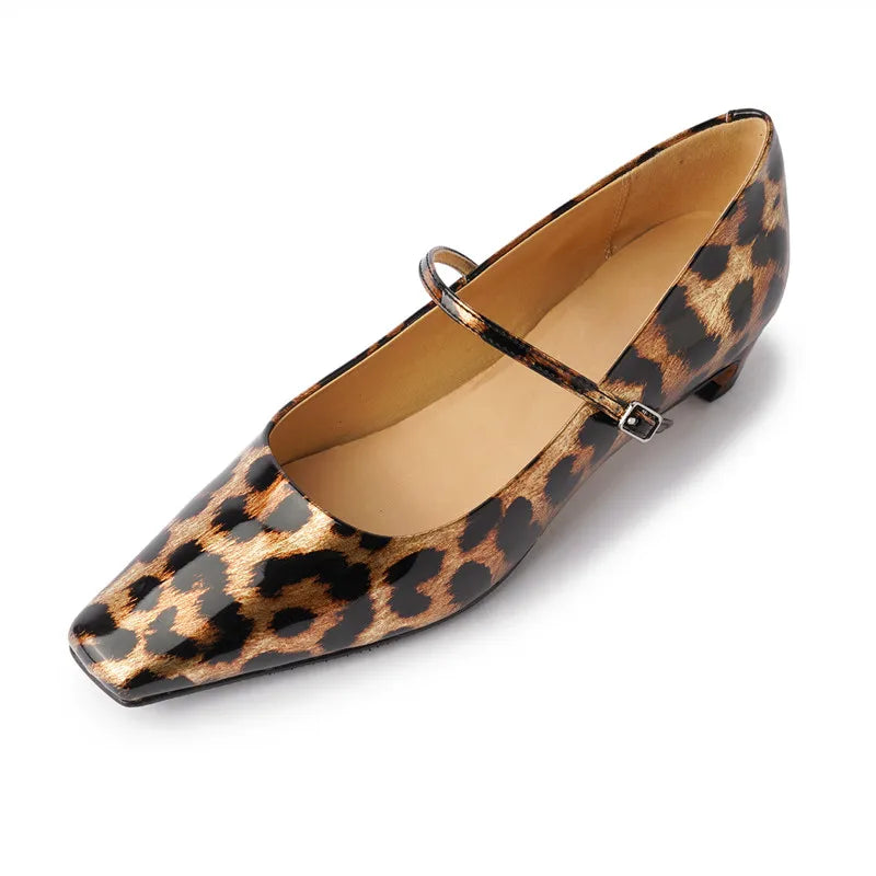 LIZAKOSHT  -  Fashion Pumps New High Quality Genuine Leather Leopard High Heels Square Head Shallow Mouth Mary Janes Women's Shoes
