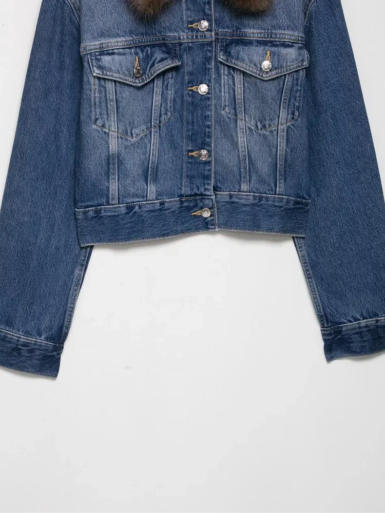 LIZAKOSHT  -  Women Blue Denim Jacket With Brown Faux Fur Collar Full Sleeve Button Front Cropped Casual Outerwear 2025 Autumn Lady Streetwear