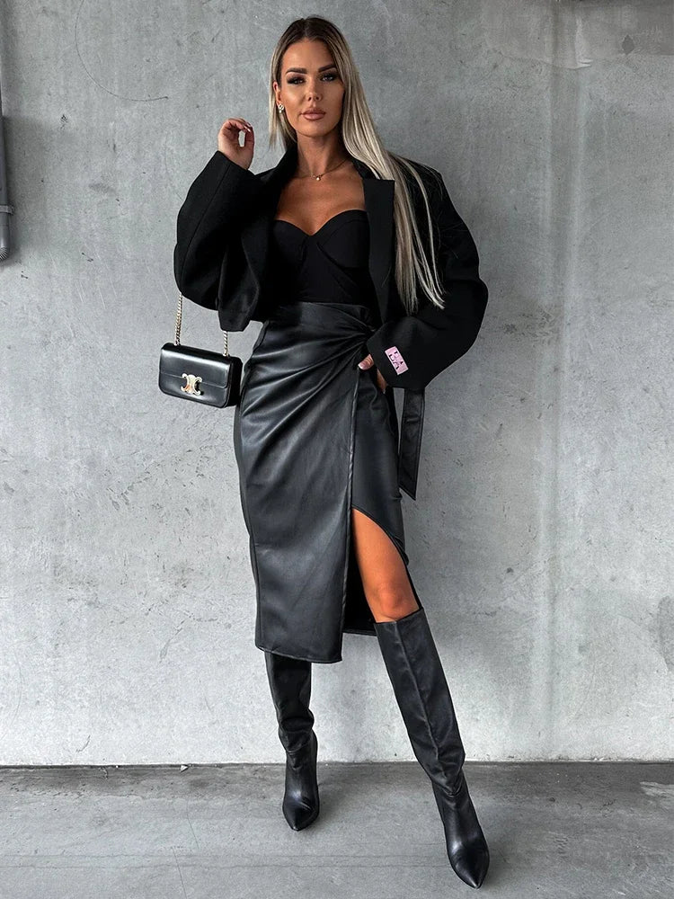 Lizakosht PU Leather Midi Skirt for Women Autumn Winter Black Slit Office Lady Casual Wrap Skirt Bottoms Female High Waist Skirt