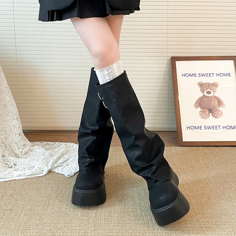 LIZAKOSHT  -  Chunky Style Women Knight High Boots Designer Belt Buckle Platform Heel Shoes Autumn Winter Thick Sole Ladies Long Booties