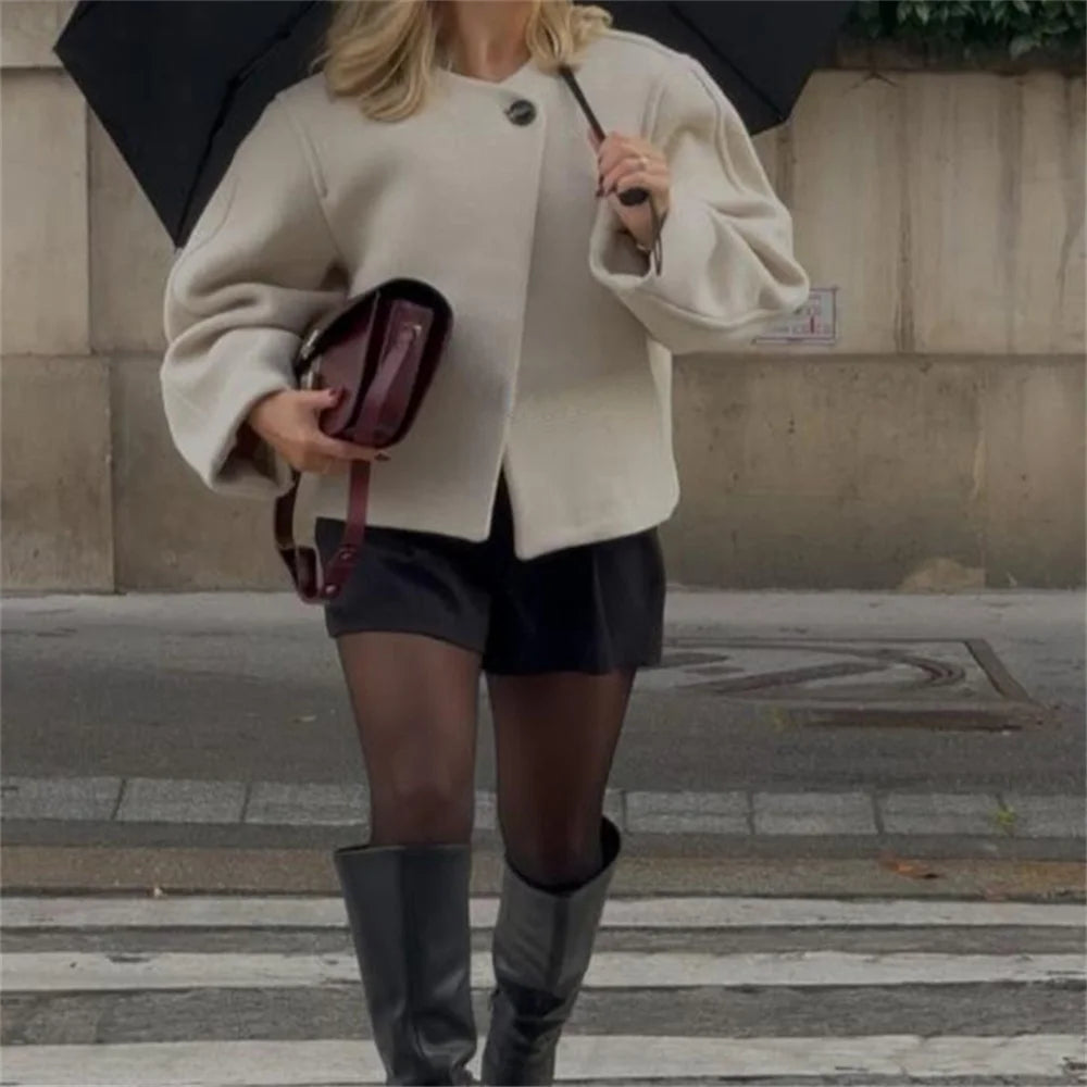 LIZAKOSHT  -  Fashion Beige Woolen One Button Short Coat for Women Autumn Winter O-neck Long Sleeve Thicken Jacket Lady Overcoat