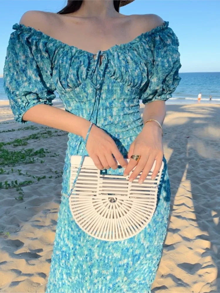 LIZAKOSHT  -  Elegant Holiday Puff Sleeve Long Dress Blue Print Off Dress For Women Sexy Korean High Waist Beach Vestido