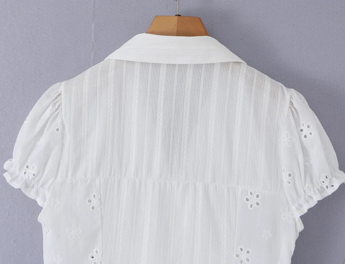 LIZAKOSHT  -  CHIC White Embroidery Flower Hole Lapel V Collar Short Puff Sleeve Shirt Women Bow Lacing Up Front Side Zipper Blouse Crop Tops