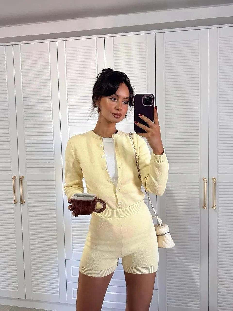 LIZAKOSHT  -  Knit 2 Piece-Set Shorts Female Ribbed Patchwork Sweater Cardigan Top And High Waist Shorts Sets Women' Knitwear Outfits
