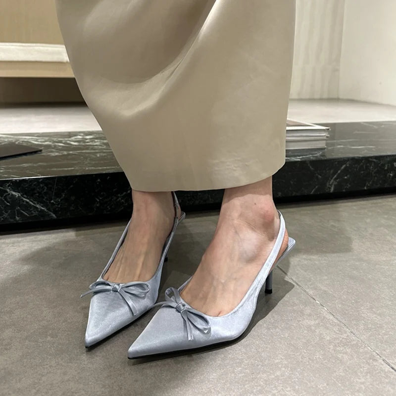 LIZAKOSHT  -  Women Thin Heels Slingback Sandals Elegant Pointed Toe Pumps New Brand Designer Bow Knot Party Dress Wedding Shoes Footwear