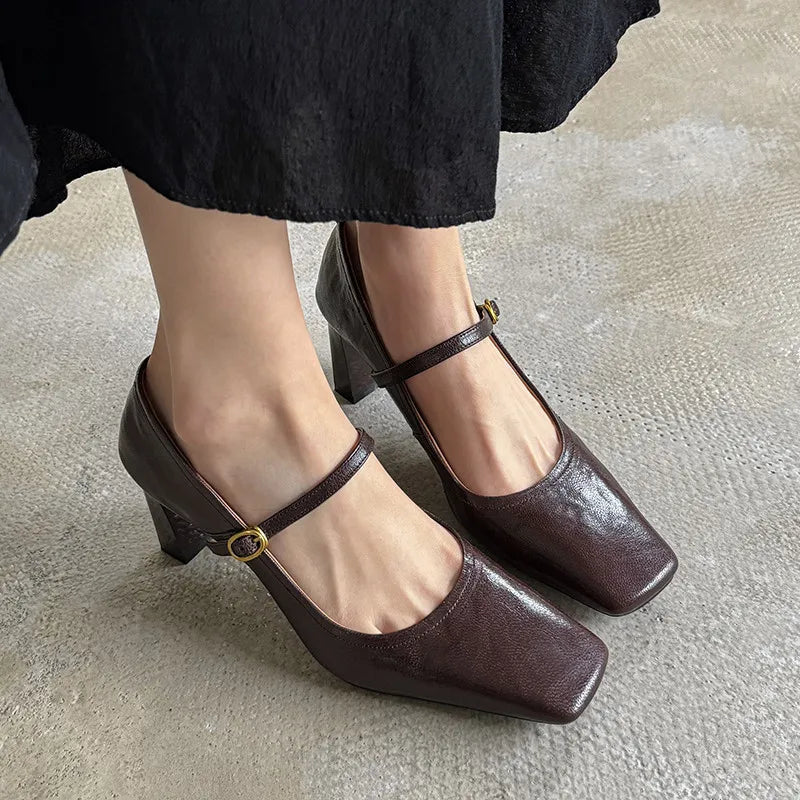 LIZAKOSHT  -  Fashion Pumps New High Quality True Leather Square Head Shallow Mouth High Heels Mary Jane Shoes Commuter Women's Shoes