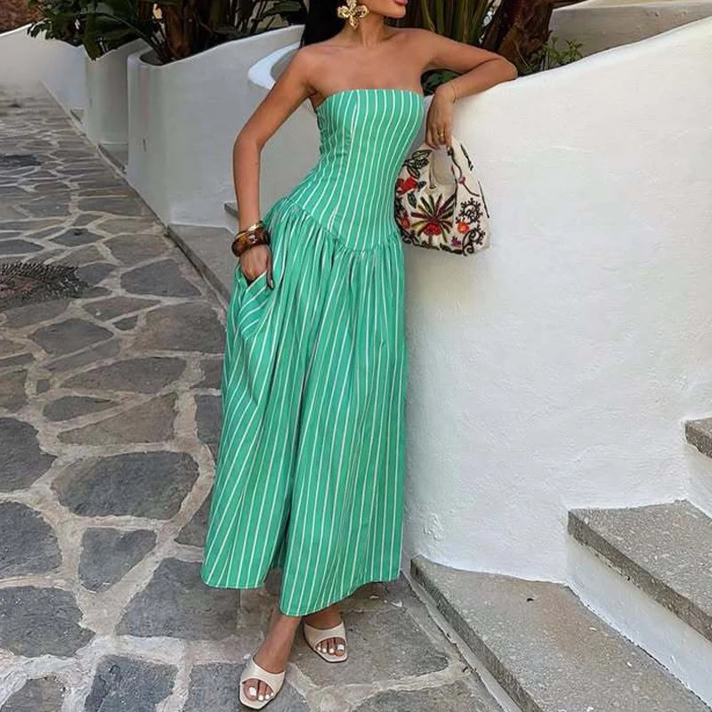LIZAKOSHT  -  Women's Casual Pocket Summer Vacation Dress Sexy Strapless Sleeveless Waist Long Dress Striped Print Draped Pocket Elegant Dress