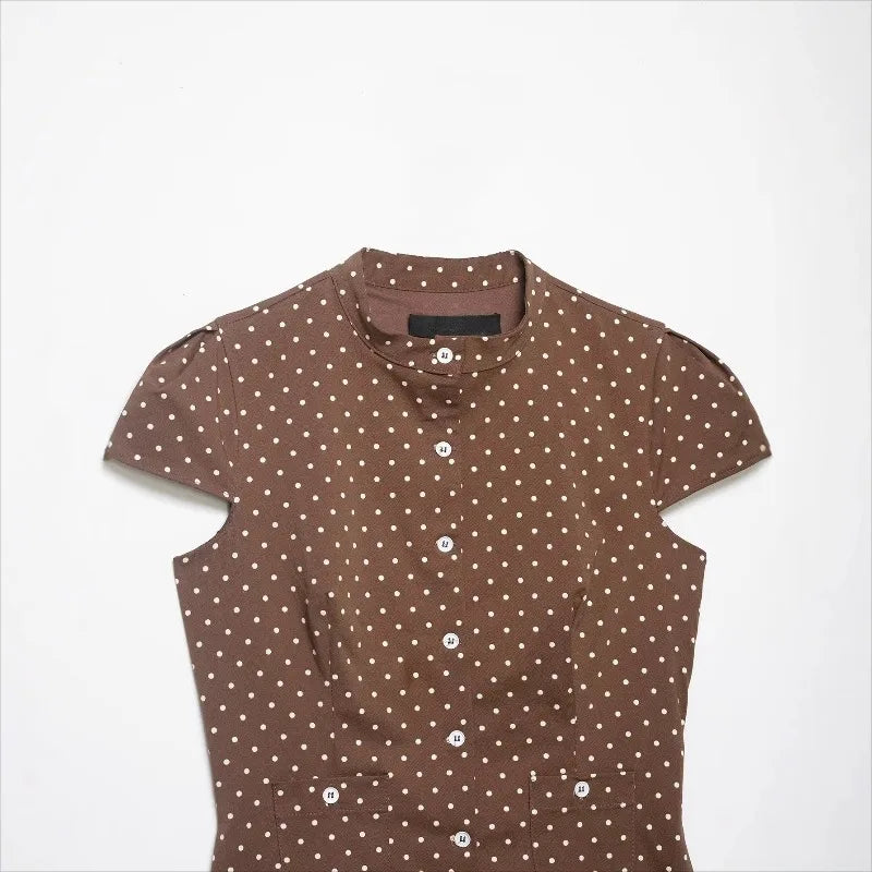 LIZAKOSHT  -  Vintage American Office Lady Women T Shirt Y2k Fashion Popular Polka Dot Print Thin Punk Clothes Harajuku Slim Waist Buttons Top